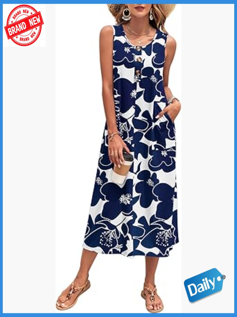 Sleeveless Button Down Maxi Beach Sundress With Pockets